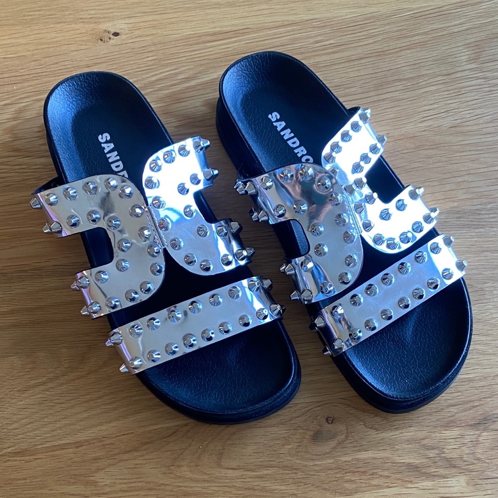 Sandro Silver Studded Black Slide Sandals